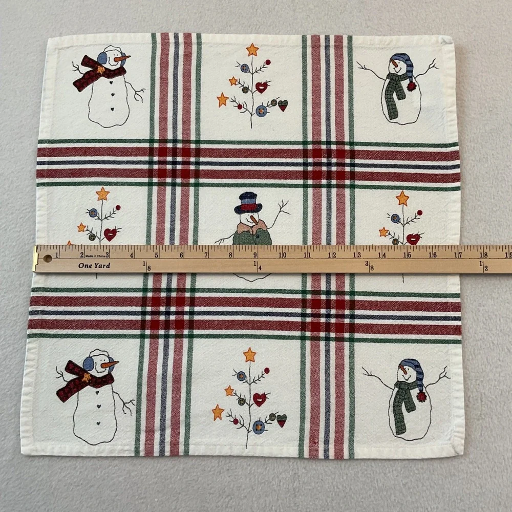 St Nicholas Square Snowman Plaid Cotton Napkins Set of 9 White Red Green Holiday